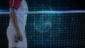 Male athlete sports drill, seeing ball from right, tracking heading ball with holo globe overlaying. Soccer, header, stadium, nighttime, digital, holographic, world - Powered by Shutterstock - Get 15% off with code: PIKWIZARD15