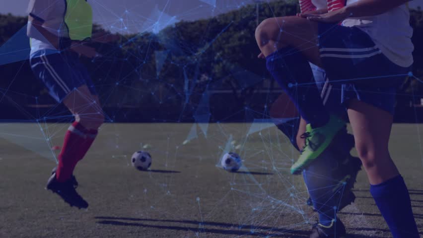 Women players doing soccer knee-lift drill for warmup after balls placed syncing with blue overlay. Athletes, teamwork, training, outdoor, field, grass, neon - Powered by Shutterstock - Get 15% off with code: PIKWIZARD15