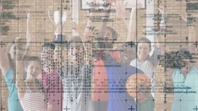 Team in gym cheering rotating trophy, celebrating sports win with code overlay moving across group. Basketball, youth, award, grid, celebration, teamwork, court - Powered by Shutterstock - Get 15% off with code: PIKWIZARD15