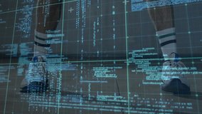 Male basketball player initiating controlled dribble on court floor, HUD grid analyzing performance. Athlete, handling, ball, gymnasium, augmented, overlay, analytics - Powered by Shutterstock - Get 15% off with code: PIKWIZARD15