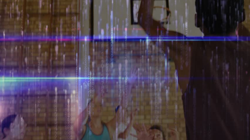 Players jumping, ball swishing rim after shot, coach retrieving and instructing in school, glitch. Basketball, training, drills, court, gym, teamwork, mentorship