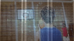 Three teens shifting by hoop, animated DATA letters and grid appearing, holding focus for analytics. Basketball, court, gym, teammates, youth, overlay, digital - Powered by Shutterstock - Get 15% off with code: PIKWIZARD15