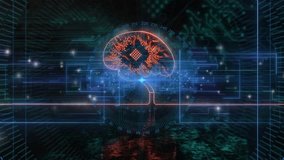 Glowing brain circuitry pulsing after neon lines appearing, lighting chip core, showing data flow. Neural, circuit, digital, glow, particles, grid, interface - Powered by Shutterstock - Get 15% off with code: PIKWIZARD15