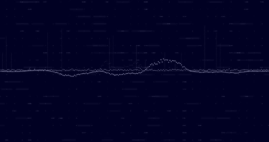 Audio pulse arriving dotted waveform expanding, forming cyan blobs and EQ bars showing spectrum. Visualizer, signal, glitch, matrix, equalizer, dashboard, teal
