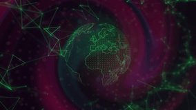 Spiral vortex starting, wireframe globe rotating and tilting while nodes pulsing, visualizing data. Sphere, mesh, holographic, neon, network, triangular, parallax - Powered by Shutterstock - Get 15% off with code: PIKWIZARD15