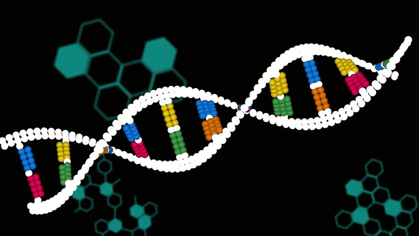 Animation starting with stylized DNA helix moving, rotating, undulating across teal UI for research. Molecule, data, dataviz, interface, hexagon, glitch, waveform