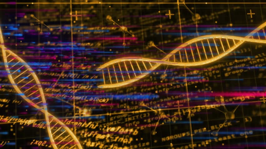 Helices entering from sides initiating golden DNA ribbon drifting waving linking nodes showing data. Helix, glow, grid, chromatic, futuristic, abstract, particles