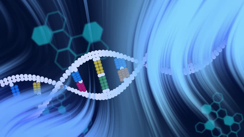 DNA-helix entering from left, stretching, waving to center, showing colored bases, code overlays. Molecule, animation, visualization, biotech, ribbon, multicolor, hexagon