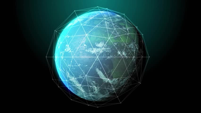 Initial green ring appearing, stylized globe rotating, neon rings pulsing, HUD text displaying data. Planet, mesh, network, bands, luminescent, glow, interface - Powered by Shutterstock - Get 15% off with code: PIKWIZARD15