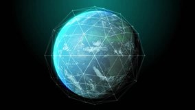 Initial green ring appearing, stylized globe rotating, neon rings pulsing, HUD text displaying data. Planet, mesh, network, bands, luminescent, glow, interface - Powered by Shutterstock - Get 15% off with code: PIKWIZARD15