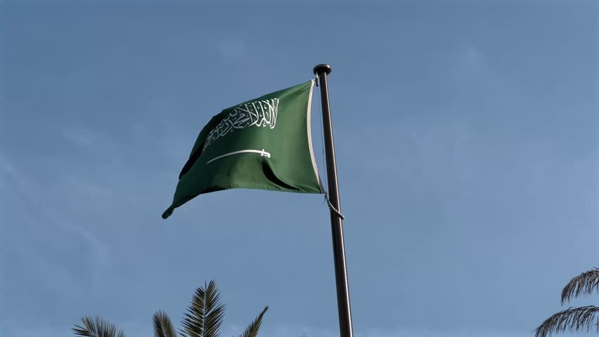 The national flag of Saudi Arabia flutters gracefully on a sunny, cloudless day, with the tips of palm trees swaying gently in the background, symbolizing pride and heritage.