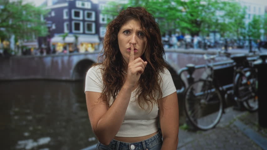 Woman with finger to lips for silence on amsterdam street by canal and parked bicycle; quiet secrecy.