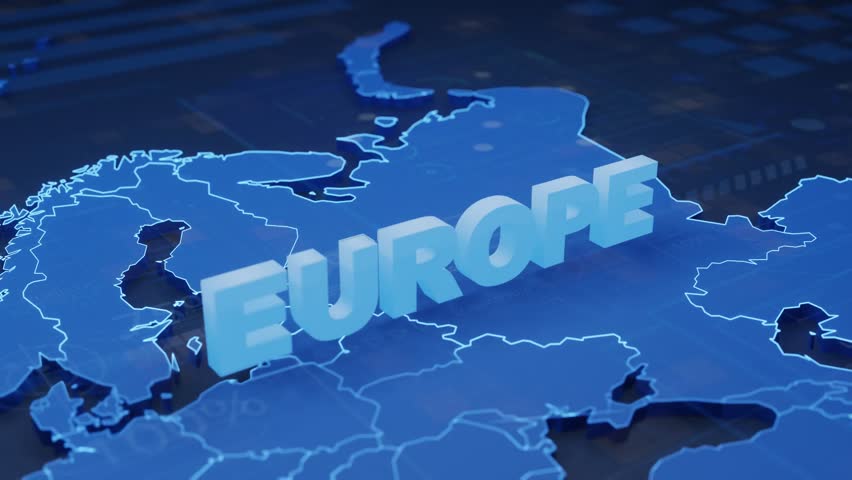 Europe Map Futuristic Digital Background. A dynamic animation of Europe's map with glowing text and futuristic UI elements. Ideal for local business, news, and tech.