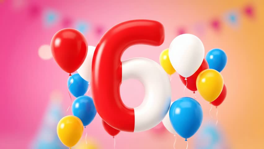 Number six surrounded by colorful balloons floating in the air on a vibrant festive background.
