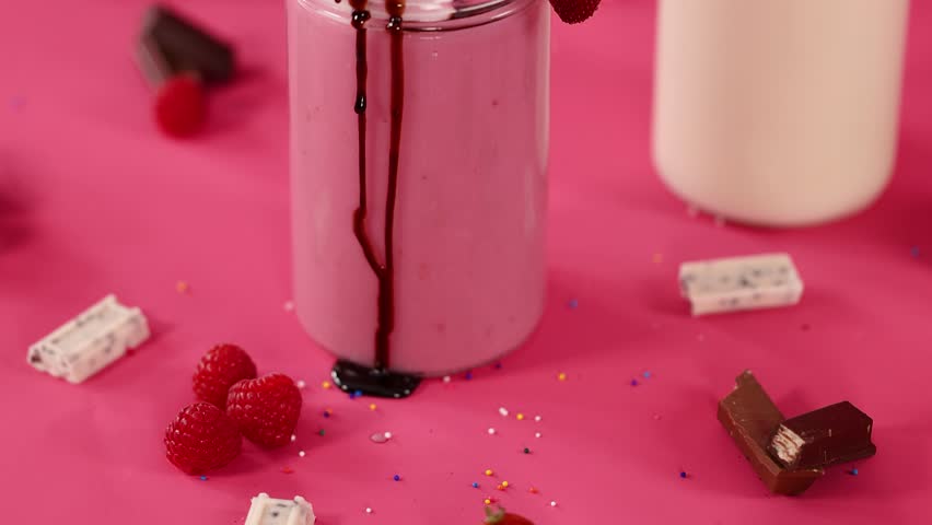 Pink strawberry milkshake garnished with whipped cream, chocolate syrup, sprinkles, and cherry on pink background