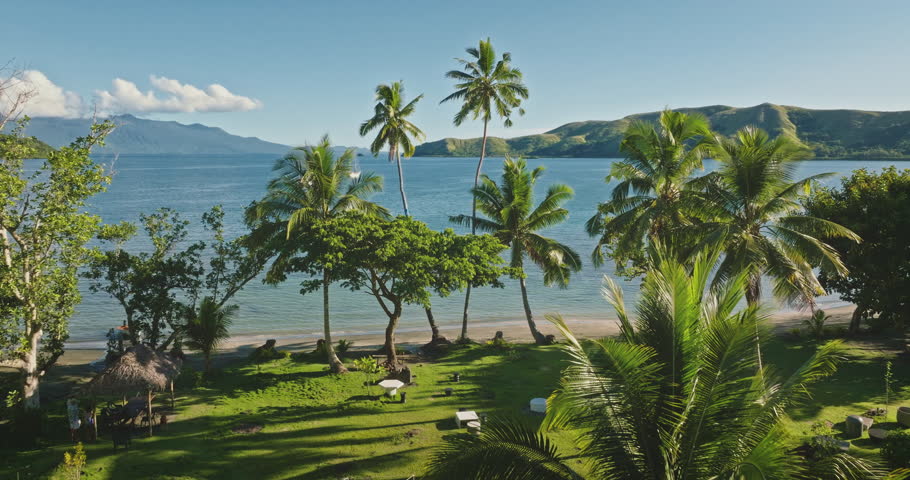 Fiji island beach tranquil tropical landscape with palm trees on sandy shore, expansive blue ocean and distant mountains under a clear blue sky. Aerial view drone flight over exotic nature paradise