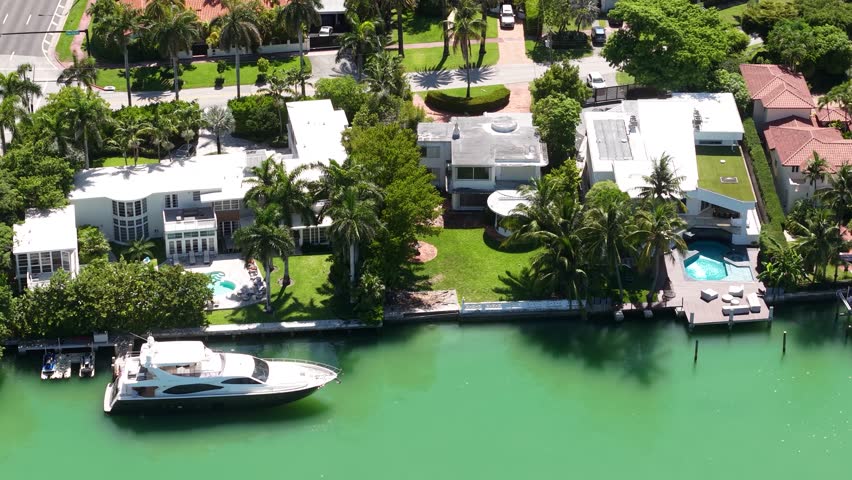Miami Beach, Florida USA, Drone Shot of Expensive Homes in Upscale Residential Community Along Indian Creek