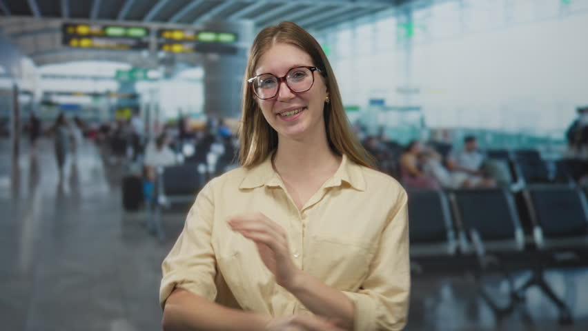 Young blonde woman with folded arms sticks out her tongue inside a modern busy airport terminal; playfulness.