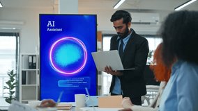 Diverse creative team use Ai Assistant (artificial intelligence assistant) on AI-assisted display for Marketing Data Analyst meeting at office.Coding team,develop Ai Assistant,business brainstorming - Powered by Shutterstock - Get 15% off with code: PIKWIZARD15