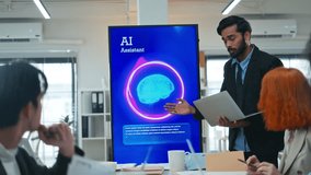 Diverse creative team use Ai Assistant (artificial intelligence assistant) on AI-assisted display for Marketing Data Analyst meeting at office.Coding team,develop Ai Assistant,business brainstorming - Powered by Shutterstock - Get 15% off with code: PIKWIZARD15