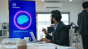 Diverse creative team use Ai Assistant (artificial intelligence assistant) on AI-assisted display for Marketing Data Analyst meeting at office.Coding team,develop Ai Assistant,business brainstorming - Powered by Shutterstock - Get 15% off with code: PIKWIZARD15