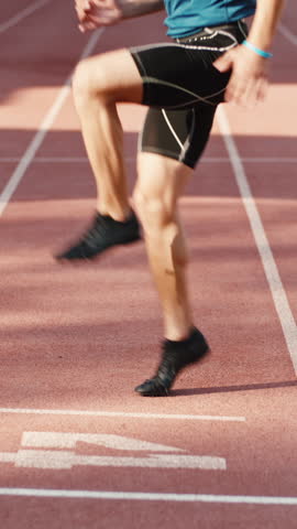 athlete man breathing after sprint vertical slow motion fullhd morning training on stadium focus recovery strength discipline balance awareness determination motivation health