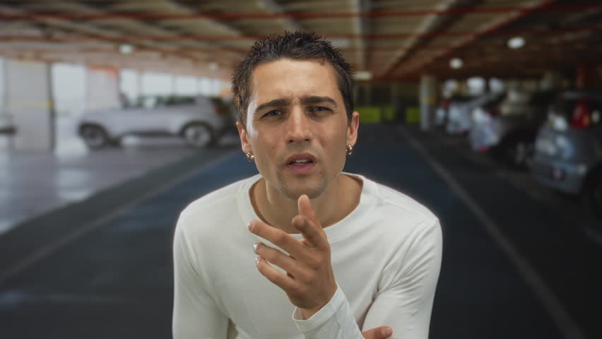 Young hispanic man indoors in a parking area with a curious expression surrounded by cars wearing a white shirt and looking directly at the camera under artificial lighting