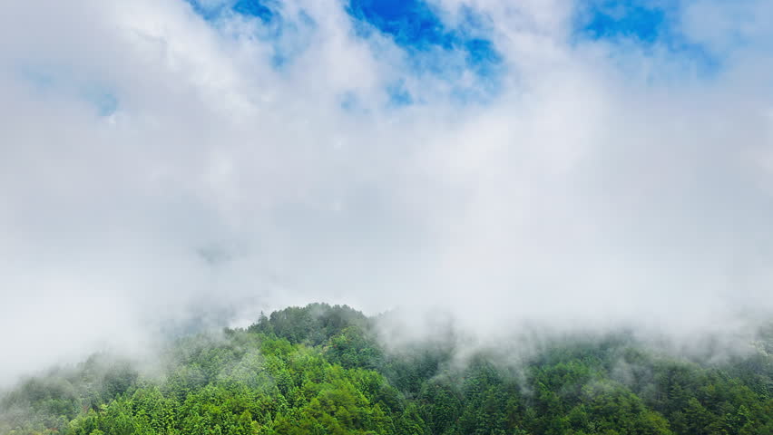 Aerial shot of the beautiful green mountain range with lush forest landscape partially covered by white clouds and mist under a blue sky.
