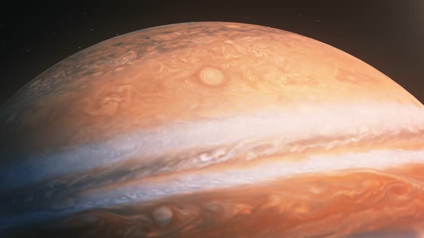 Realistic animation of planet Jupiter with its Great Red Spot and swirling cloud bands against a starfield in deep space