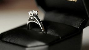 Close-up of a sparkling diamond ring rotating on display, highlighting brilliance, luxury, and fine jewelry details. - Powered by Shutterstock - Get 15% off with code: PIKWIZARD15