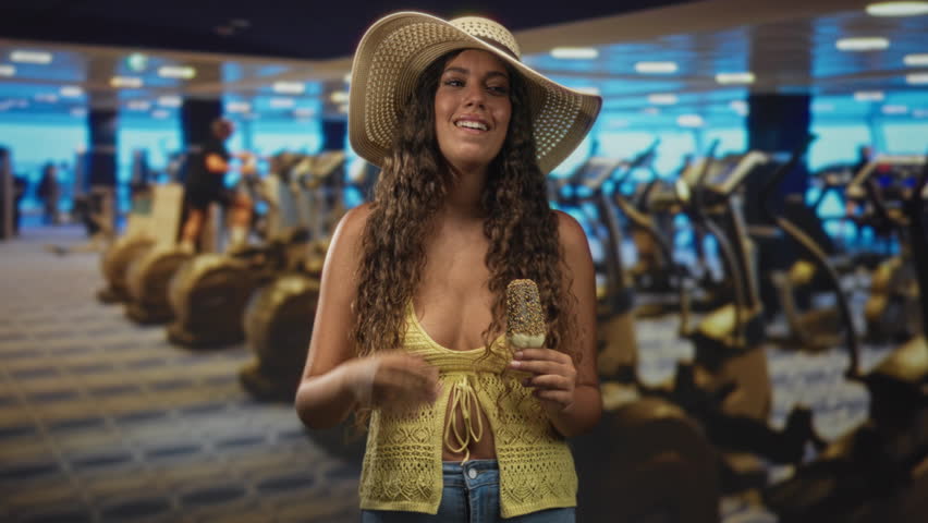 Young woman holding a chocolate coated popsicle, hand to mouth gesture while wearing straw hat inside building gym with treadmills; summer vacation playful.