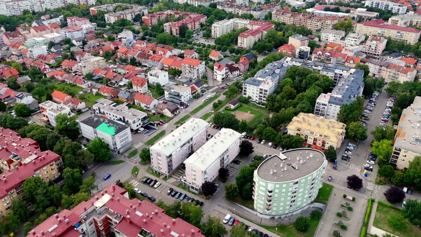 Aerial drone view of Zagreb skyline, Croatia top down view on residential area in downtown