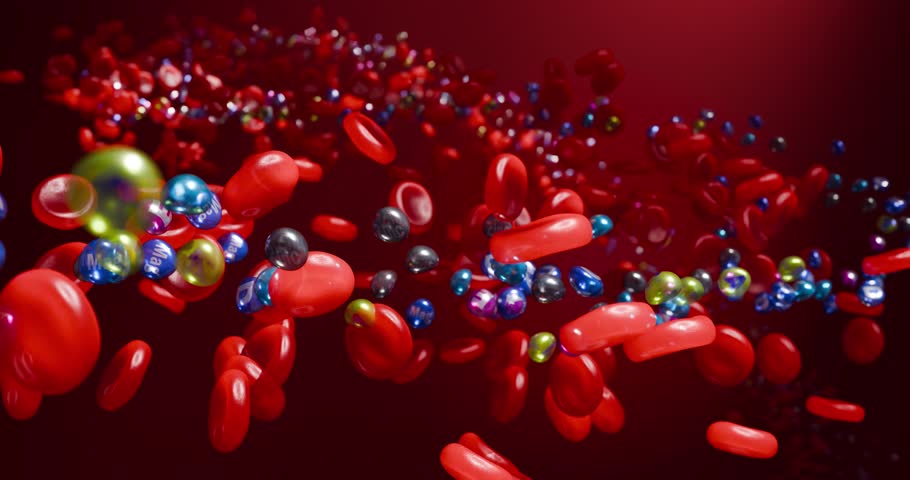 Vitamin and mineral molecules inside human blood, essential nutrition for body health and wellness, 3D Rendering