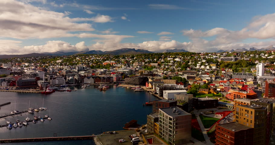Tromsø cityscape and harbor in early autumn, Tromsø, Norway. Aerial drone