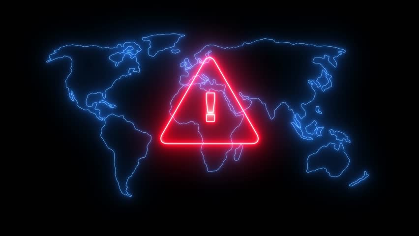 A glowing red triangle warning sign appears on a digital map, symbolizing cyber threat, data breach or emergency alert in a futuristic interface system map data processing and map attack on the server - Powered by Shutterstock - Get 15% off with code: PIKWIZARD15