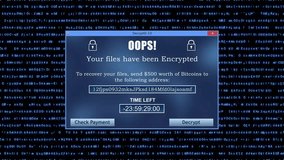 Ransomware attack display screen showing unreadable code lines running in the background, symbolizing cybersecurity breach, hacking, and digital data vulnerability. - Powered by Shutterstock - Get 15% off with code: PIKWIZARD15