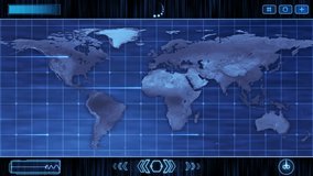 Futuristic HUD-style world map with blue and orange data overlays, featuring dynamic motion graphics and tech elements, ideal for sci-fi, presentations, and digital interfaces. - Powered by Shutterstock - Get 15% off with code: PIKWIZARD15
