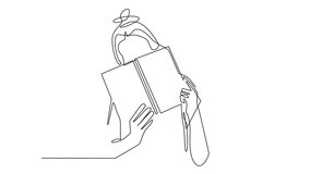 Continuous line animation of woman covering face with book. 4K motion graphics of woman posing with book. One moving line of woman reading book, in her spare time. - Powered by Shutterstock - Get 15% off with code: PIKWIZARD15