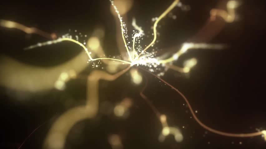 Electric beams with particles, animated motion background in yellow and golden, seamless VJ loop for futuristic and tech visuals.