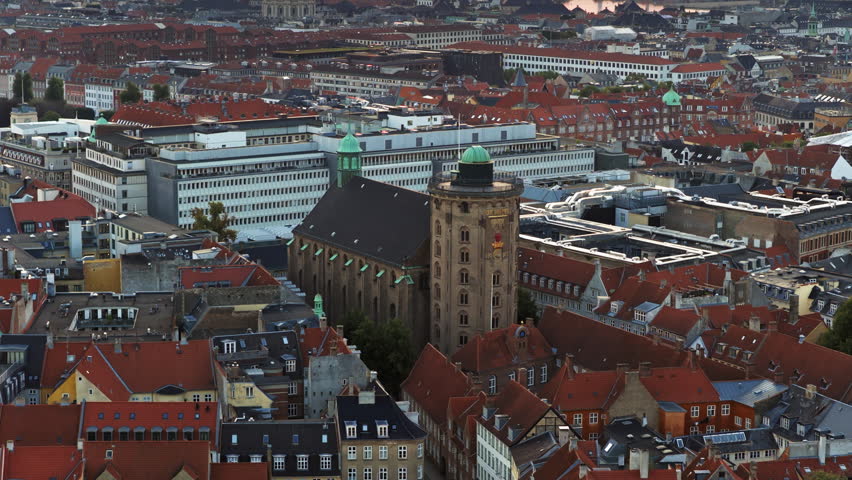 Aerial drone view of the Round Tower with Copenhagen cityscape, Denmark