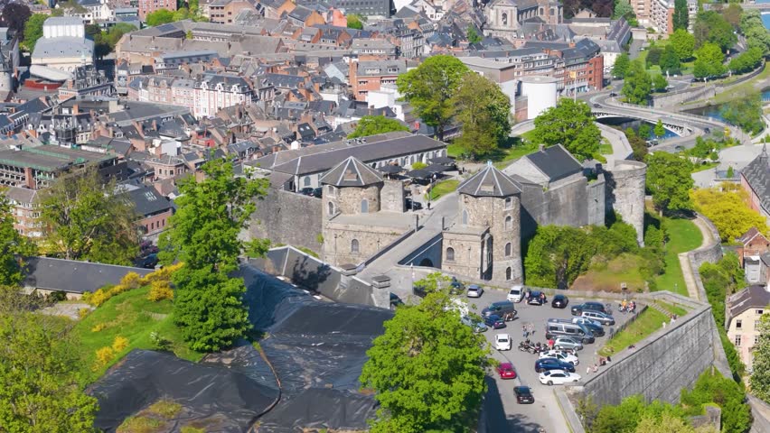 monument citadel namur belgium visitor activity area up close aerial panning shot view close-up of citadelle de