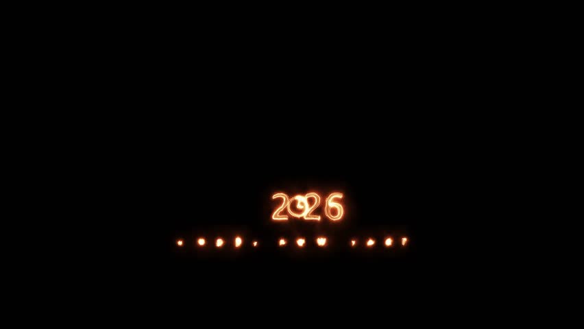 Glowing 2026 numbers with clock face and happy new year text animated with fire effect on black - Powered by Shutterstock - Get 15% off with code: PIKWIZARD15