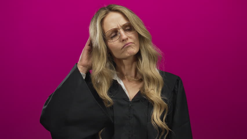 Woman holds her face in confusion against a background while a young blonde judge in uniform appears isolated before a pink backdrop.