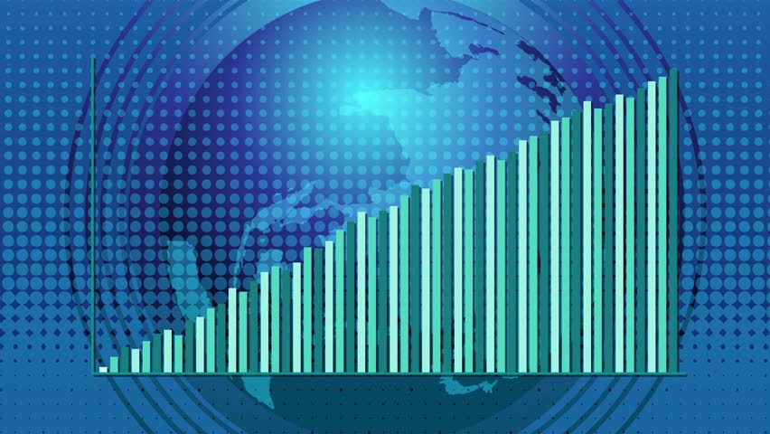 Rising bar chart animates over stylized blue globe, digital grid, and concentric circle background