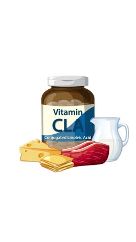 Vitamin CLA bottle appears with cheese, meat, milk illustrations, smooth transitions, clean white background