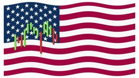 Green and red candlestick chart animates over stylized USA flag on a white background - Powered by Shutterstock - Get 15% off with code: PIKWIZARD15