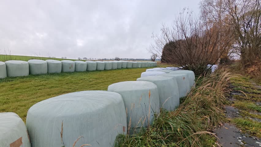 Baled hay Baled hay on a harvested field with a traileon a harvested field with a trailer truck ready for transport under cloudy, wet, and gloomy autumn skies. Rural farming scene in seasonal weather