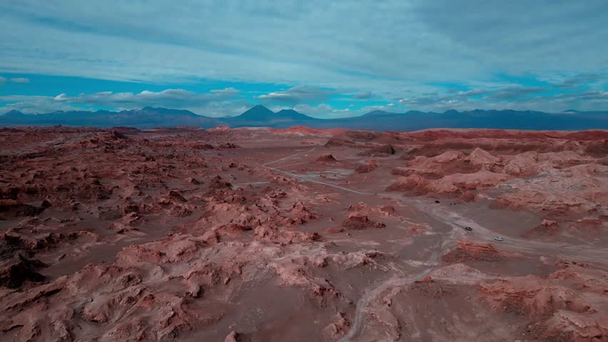 Backward drone aerial of Valle de la Luna