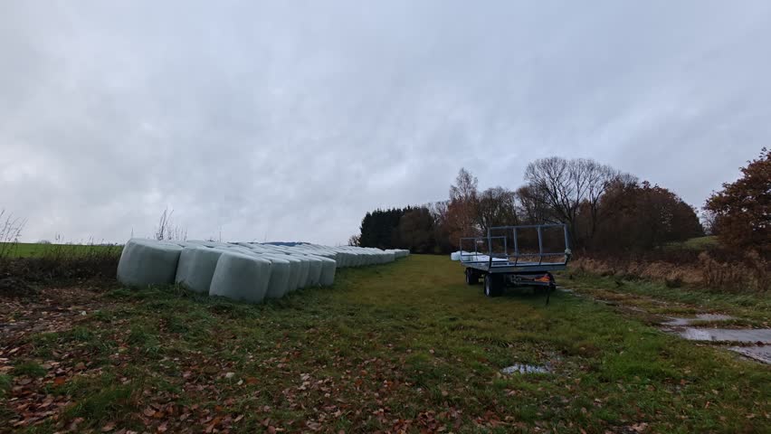 Baled hay Baled hay on a harvested field with a traileon a harvested field with a trailer truck ready for transport under cloudy, wet, and gloomy autumn skies. Rural farming scene in seasonal weather