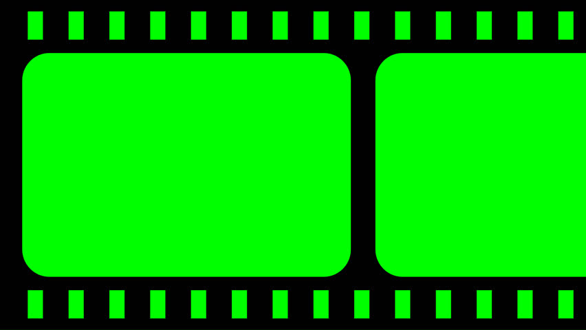 film roll 2d animated green screen film strips tape black frame. old tv noise effect filter chroma key texture. Horizontal vintage film strip overlay animation, classic reel strip motion.